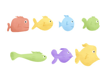 Set of watercolor vector illustration of a fish in childish style.