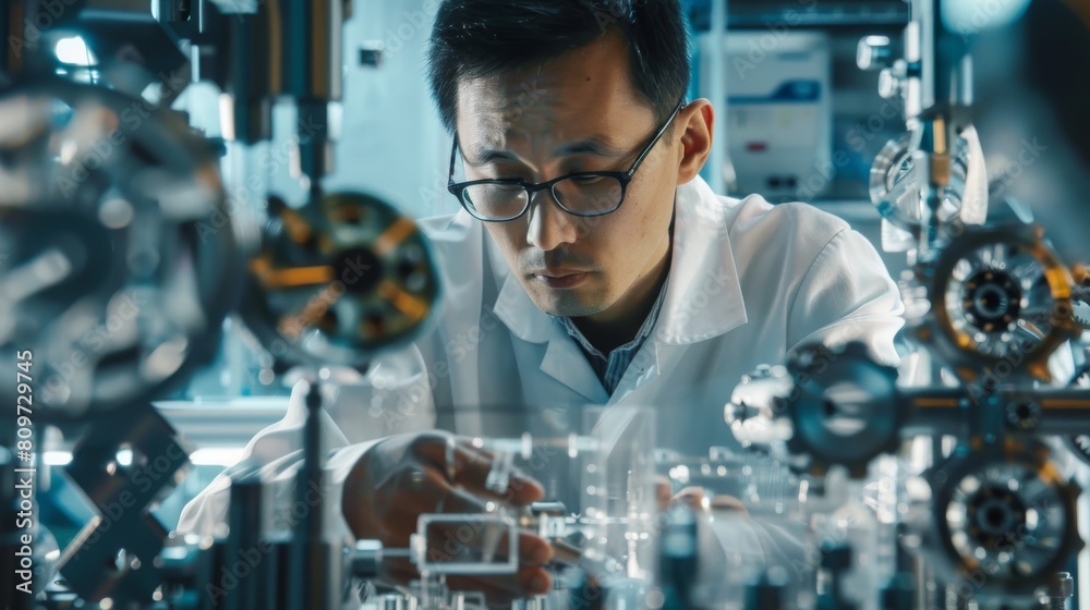 Canvas Prints Photograph depicting an Asian industrial engineer modelling a heavy industry machine part on computer CAD software in a factory. Modern industrial research and development center.