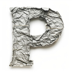 Letter P from crumpled newspaper on a clean white background. Fashion scrapbook lettering concept. Generative AI