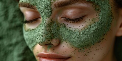 Closeup image of a girl's face with green facial mask on it