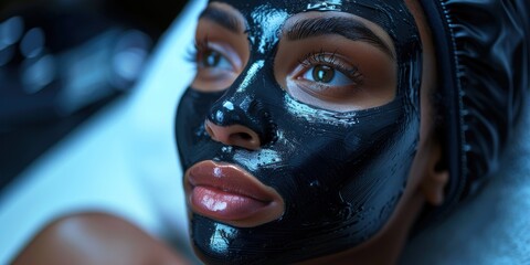 Closeup image of a girl's face with black facial mask on it
