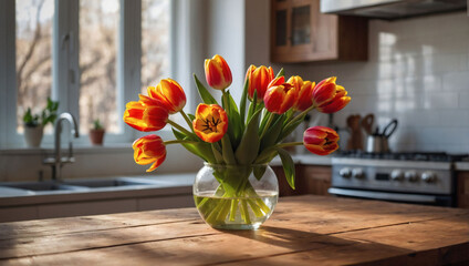 Tabletop Tranquility, Tulips Bouquet on Wooden Surface, Springtime Glow in Kitchen