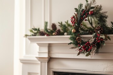 A holiday wreath elegantly displayed on a fireplace mantle, adding a touch of festive decor to the modern room