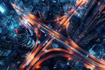 Intersection of illuminated streets in a cityscape at night with cars, traffic lights, and buildings