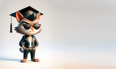 Graduation-themed cat character in leather jacket and sunglasses. Banner with copy space