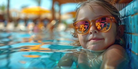 A little girl wearing glasses, enjoying summer in a pool - Powered by Adobe