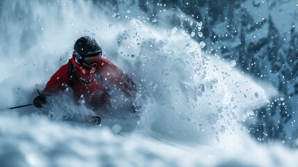 skier making a sharp turn, with snow particles flying, capturing the action and intensity of the moment.