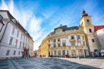 Amazing View of of Piata mare central square in the center of Sibiu city.