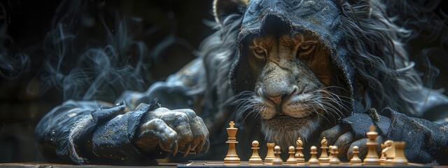 An enigmatic lion dons a sleek costume in a 3D render, clutching a chess piece amidst a brooding, mysterious backdrop.