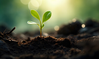 A young green shoot emerging from the ground marking the arrival of spring and the start of the spring season.