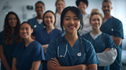 Multiethnic smiling healthcare workers with arms folded at a clinic