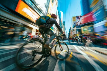 A man rides a bike down a street lined with tall buildings in the bustling city, capturing the urban landscape