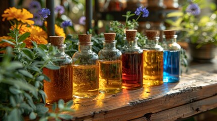 assortment of colorful hemp oil bottles showcased on a wooden table, representing a natural wellness theme and serving as a banner design
