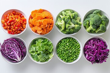 Assorted fresh vegetables in bowls including red peppers, carrots, broccoli, cabbage, lettuce, and peas on a white background. Flat lay composition with place for text. Healthy eating and meal 