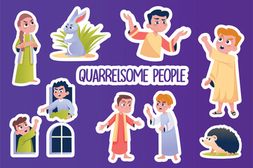 Set of stickers Quarrelsome people in flat cartoon design. This set of stickers shows angry people in a bright, playful style. Vector illustration.