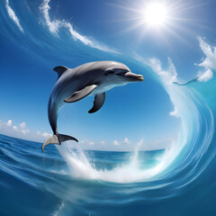 Obraz premium Dolphins Jumping Over the Blue Sea With Waves On A Sunny Day