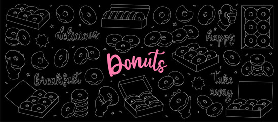 Donuts shop outline set. Glazed doughnuts with sprinkles. Bakery sweet pastry food. Hand drawn elements for confectionery menu, bakery shop.