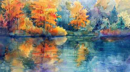 Autumn Foliage Masterpiece Impressionist Watercolor Capturing the Serene Essence of a Tranquil Lake and Idyllic Forested Landscape