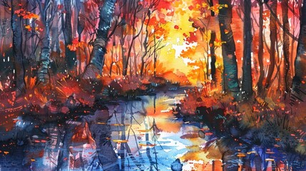 Autumnal Woodland Reflections Impressionistic Interpretation of a Cozy Colorful Fall Day
