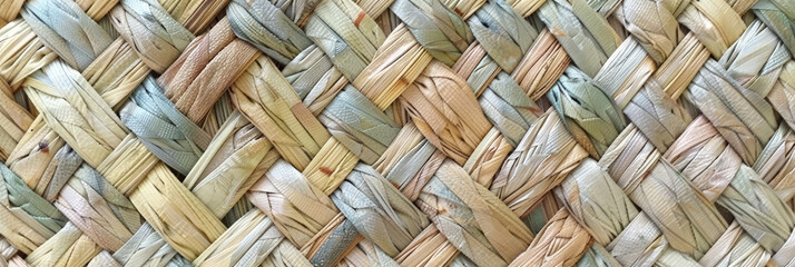 Obraz premium Handwoven bamboo pattern, light green and beige a handmade rattan wall texture,Rattan texture, handcraft bamboo weaving texture background, banner