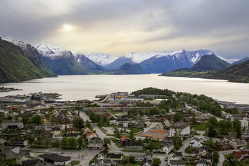 Aerial view of the town Aandalsnes, Norway