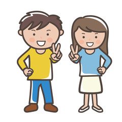 元気にピースをする若い男女の全身イラスト