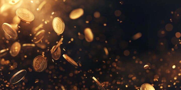 An abstract image of coins in motion giving a sense of finance, investment, or wealth The dark ambiance adds a mystic allure