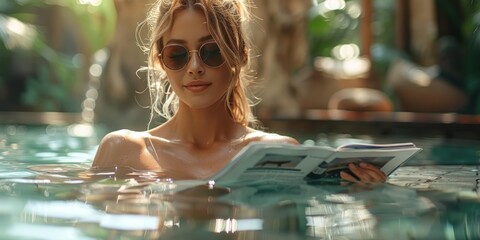 Beautiful girl wearing glasses present in a pool and reading a magazine