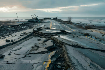 Desolate landscape showing a devastated road with broken sections and stormy skies