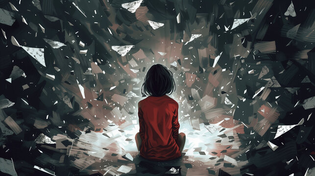 a young girl sitting alone in a dark room, surrounded by shattered fragments of a mirror reflecting distorted images of her own fractured mind, symbolizing the internal struggles of mental health chal