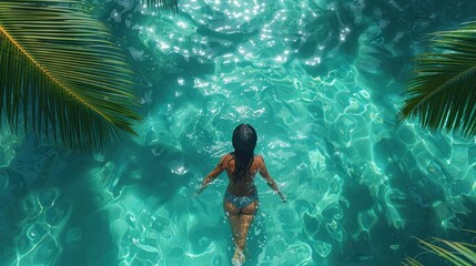 Aerial view of a girl enjoying summer in a pool