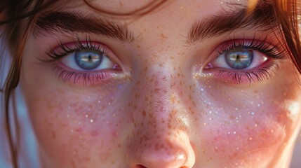 Closeup of a beautiful girl with grey eyes and freckled face