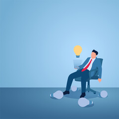 A man sits on a chair and gets an idea lamp lit while the others are off and scattered on the floor, illustration for inspiration.