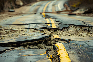 badly damaged road with cracked and uplifted asphalt