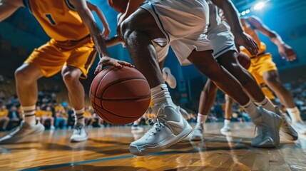 Sports Channel's College Basketball Playoffs: Basketballers Pass and Dribble Past Rival Teams, Talented Players Score Goals. High Angle Footage.
