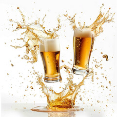Delicious foamy beer with flying splashes, in a transparent glass, on a white background
