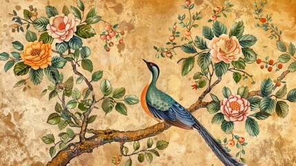 Mughal Wallpaper, Mughal Background Illustration, Animals, Birds, Watercolor background