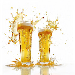 Delicious foamy beer with flying splashes, in a transparent glass, on a white background