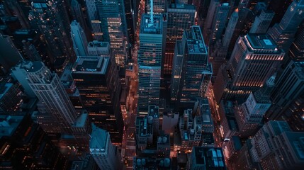 This image shows the Wall Street Financial District in New York City, USA at night with lit buildings and skyscrapers.