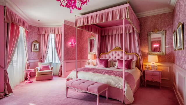 A luxurious bedroom with a pink theme