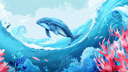 Majestic blue whale leaping amidst vibrant underwater ecosystem with coral reefs and colorful fish, banner