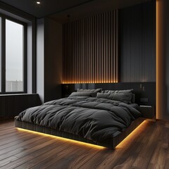 Modern Dark Grey Bedroom with Wooden Accents, Ideal for Home Decor Inspiration Generative AI