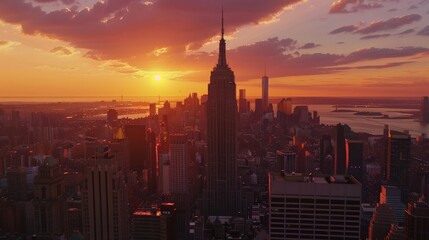 EDITORIAL: NEW YORK CITY, THE UNITED STATES OF AMERICA - MAY 15 2023: Sunset Aerial View of the Empire State Building Spire. Midtown Manhattan's architectural wonder.