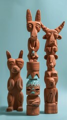 Intricately legend clay doll statue sculpture carved, each figurative totem poles representing different wildlife animals, set against a light blue background.