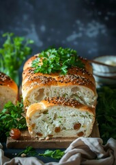 Freshly Baked Parsley and Sultana Bread on a Minimalist Table, Perfect for Food Blogging Generative AI