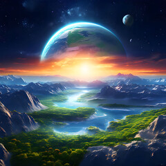 Fantasy alien planet. Mountain and lake. 3D illustration.