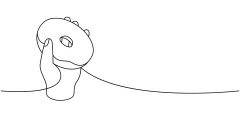 Hand holding delicious doughnut one line continuous drawing. Bakery sweet pastry food. Vector linear illustration.