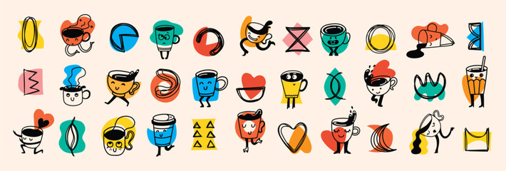 Set of retro doodle funny coffee characters and geometric shapes and doodles posters. Latte, cappuccino, coffee cup mascot. Nostalgia 70s, 80s. Print design for cafe