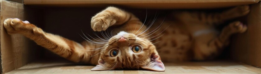 A ginger cat is lying in a cardboard box