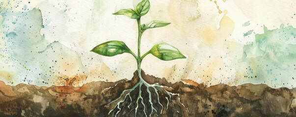 A watercolor painting of a plant growing out of the ground. The plant has two sets of leaves and a long root system. The background is a light blue with a few splashes of color.